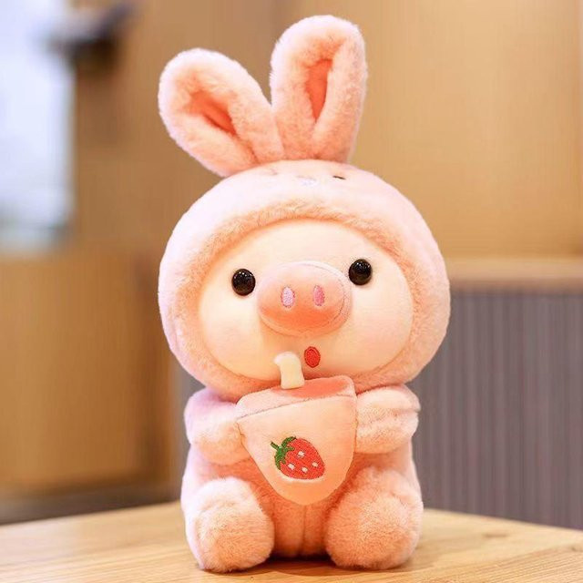 Milchtee Schweinchenpuppe, Hasenpuppe in Froschpuppe verwandelt, Plüsch / Textil, weiß - Bild 1