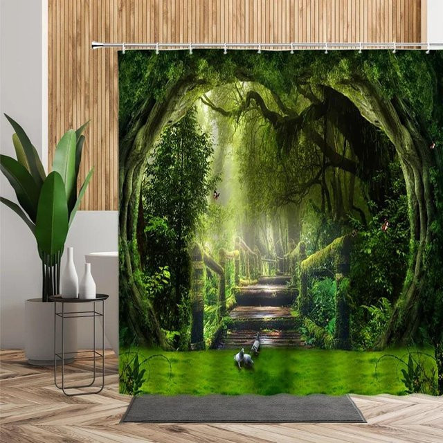 Wasserdichter 3D-Duschvorhang von Dunika Chen mit tropischem Wald-Motiv in Grün, B: 180 cm, H: 210 cm - Bild 1