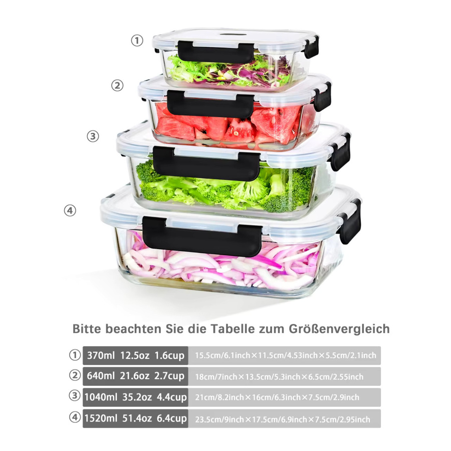 SAEIV Lebensmittel-Aufbewahrungsbehälter aus Borosilikatglas, transparent, 1040 ml, BPA-frei und auslaufsicher mit Clip-Verschluss - Bild 2