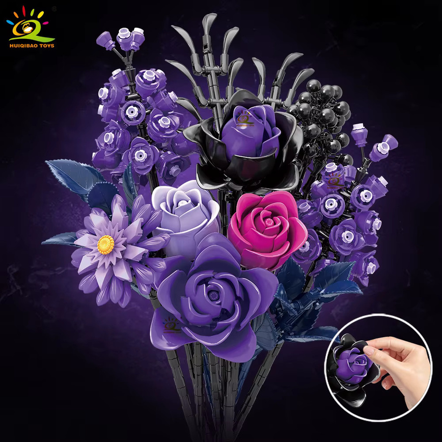 HUIQIBAO Rose Blume Modell Bausteine, Lila Schwarz, DIY Bouquet - Bild 2
