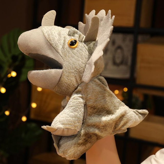 Kidsly Dinosaurier-Plüsch-Handpuppen, Triceratop-Tyrannosaurus-Rex, Grau, 1-teiliges Set, ab 14 Jahren - Bild 1