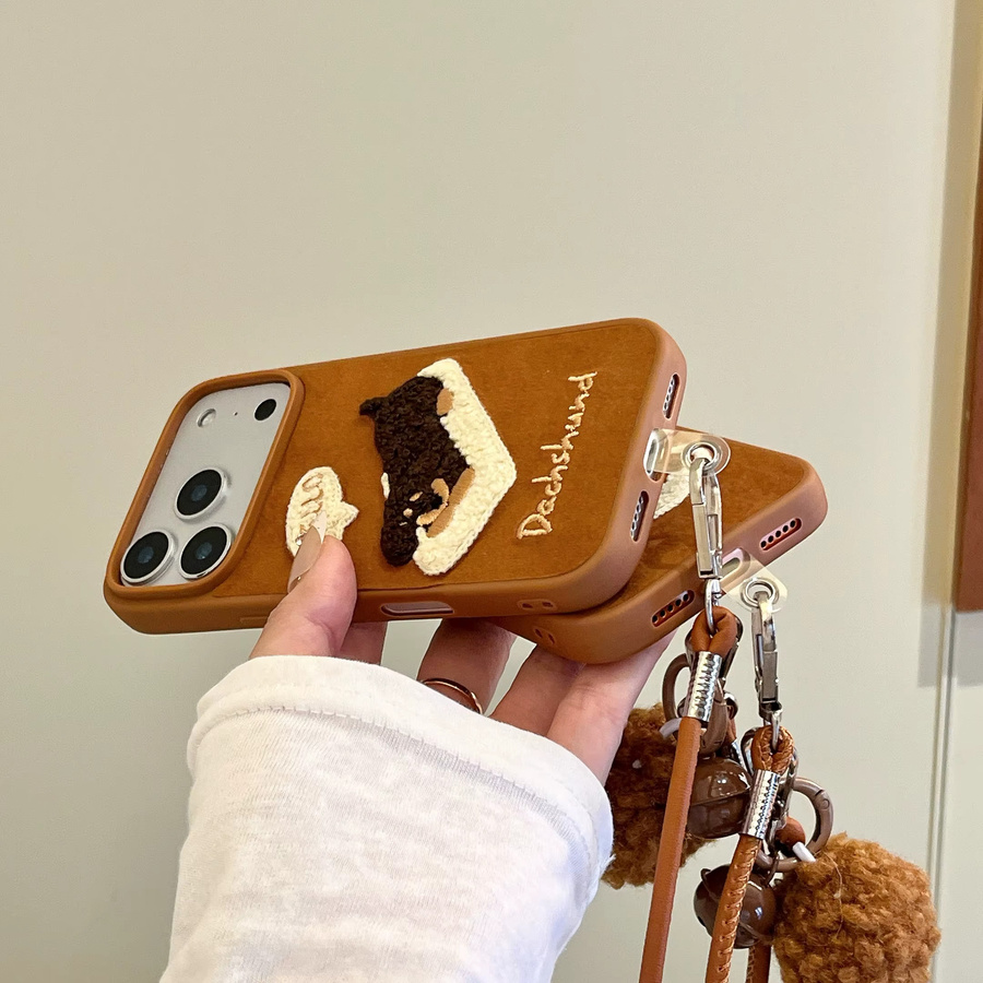 3D Handyhülle mit Stickerei-Welpen-Motiv und Anhänger für Apple iPhone 13 14 15 16 17 Pro Max in Braun - Bild 3