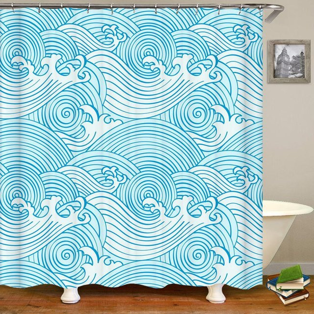 Wasserdichter Duschvorhang aus Polyestergewebe mit Samurai-Landschaft und Wellen-Design im japanischen Stil, Breite: 150 cm, Höhe: 180 cm - Bild 1