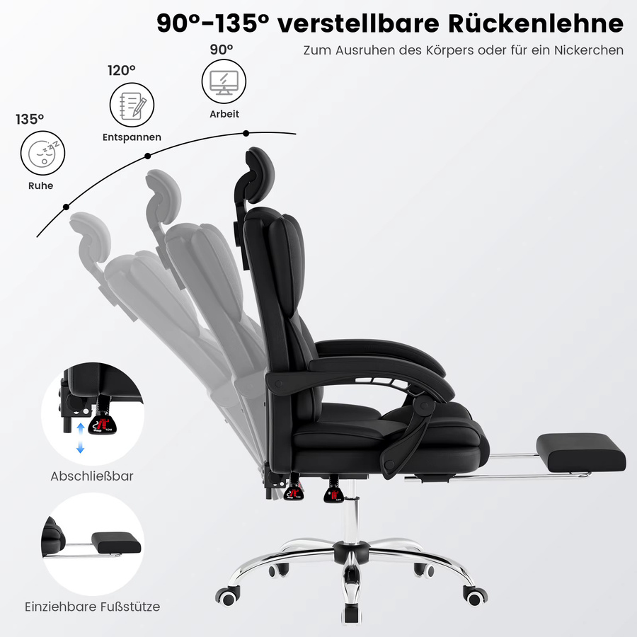 SUKIDA Gaming-Stuhl Ergonomischer Gamer-Stuhl mit Fußstütze und Kopfstütze in Beige-Schwarz aus Kunstleder - Bild 5
