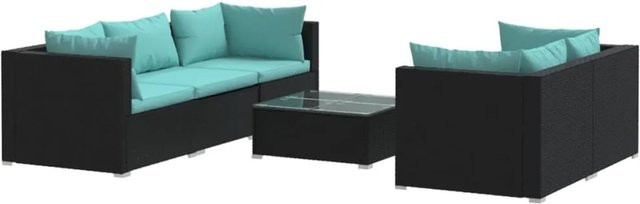 vidaXL 6-teiliges Garten-Lounge-Set aus Poly-Rattan mit Kissen in Schwarz und Blau - Bild 1
