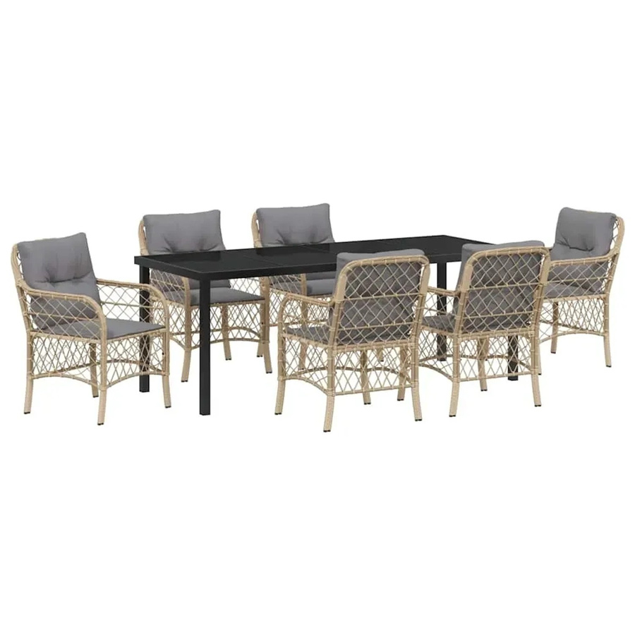 vidaXL Garten Essgruppe aus Poly Rattan und Stahl mit Kissen und Glas in Beige, 7-teilig - Bild 2