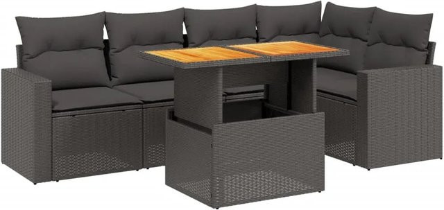 vidaXL 6-teilige Garten-Sofagarnitur aus Poly-Rattan und Akazienholz in Schwarz mit Kissen - Bild 1