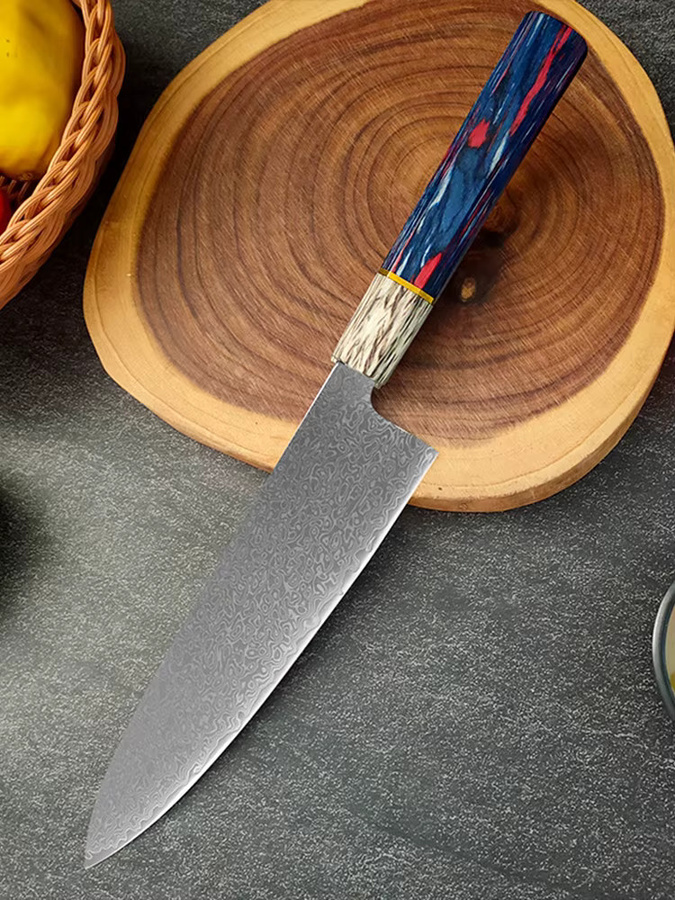 InLeung Kiritsuke-Küchenmesser aus Damaszener Stahl mit blauem Holzgriff für Fleisch und Gemüse - Bild 1
