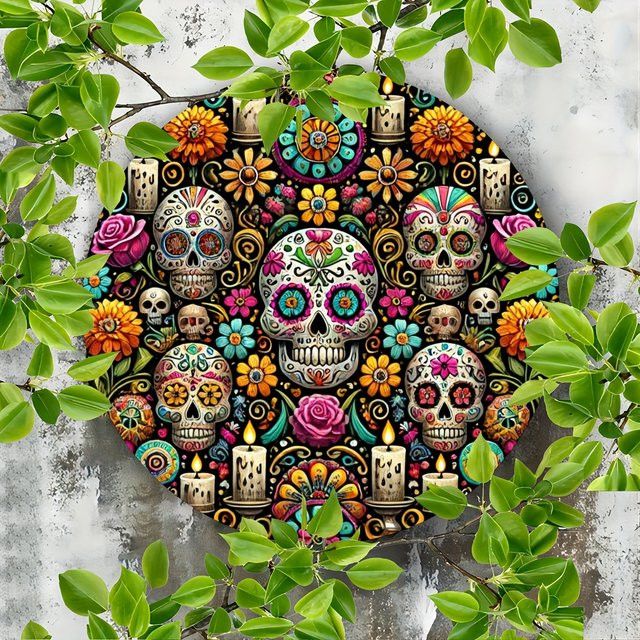 HELLOYOUNG Metallschild Candy Skull Kranz Tag der Toten Dekoration, rund, multicolor - Bild 1