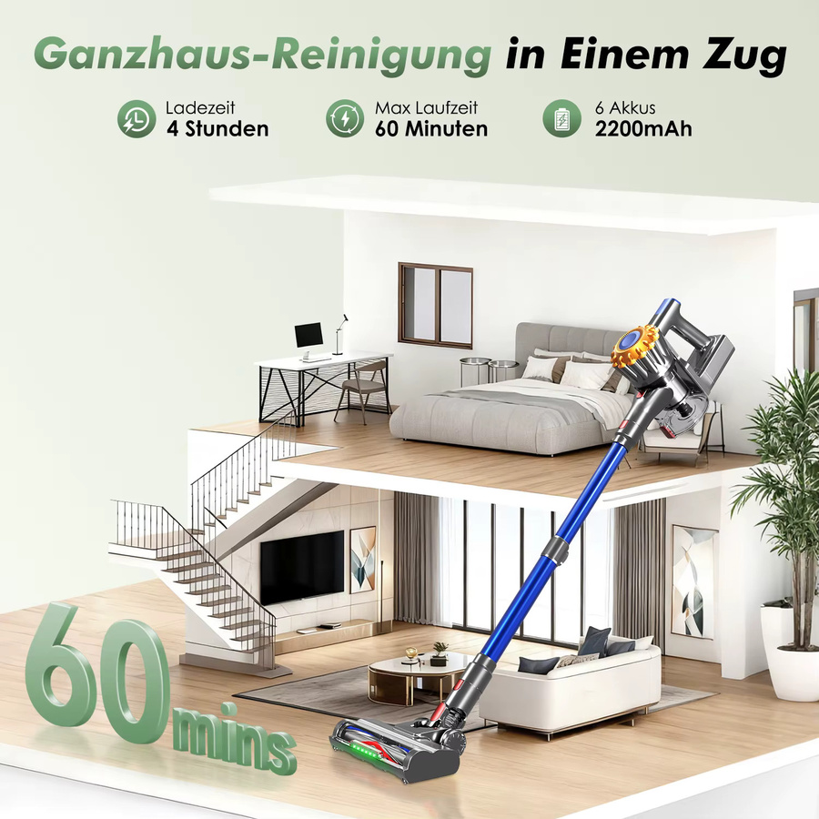 Adormii Kabelloser Staubsauger in Blau mit 50KPA Saugkraft, 2200mAh Akku, 60 Minuten Laufzeit und 1,6l Staubbehälter für Teppich, Boden und Tierhaare - Bild 3