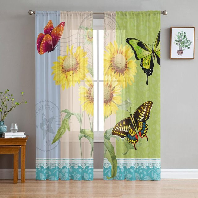 Transparente Tüll-Vorhänge mit Sonnenblumen- und Schmetterlingsmuster in Beige, Breite: 135 cm, Höhe: 115 cm - Bild 1