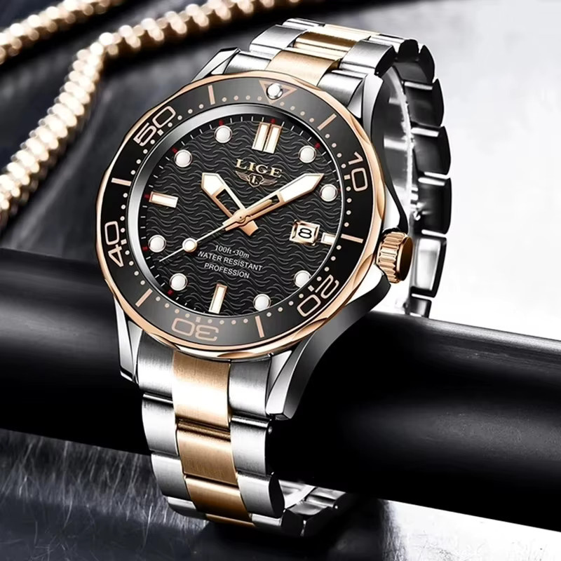 LIGE Armbanduhr, Quarz, Leder, Edelstahl, Schwarz, Herren - Bild 2