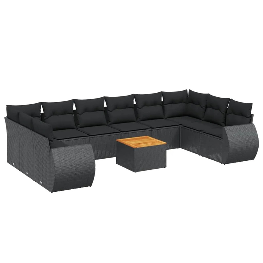 vidaXL 11-teilige Garten-Sofagarnitur in U-Form aus Polyrattan und Akazienholz mit Kissen in Schwarz - Bild 2
