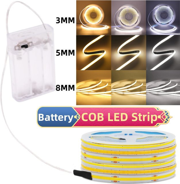 HEGEHE COB-LED-Streifen mit AA-Batteriekasten, 5 V, hohe Dichte, flexibel, Weiß - Bild 1