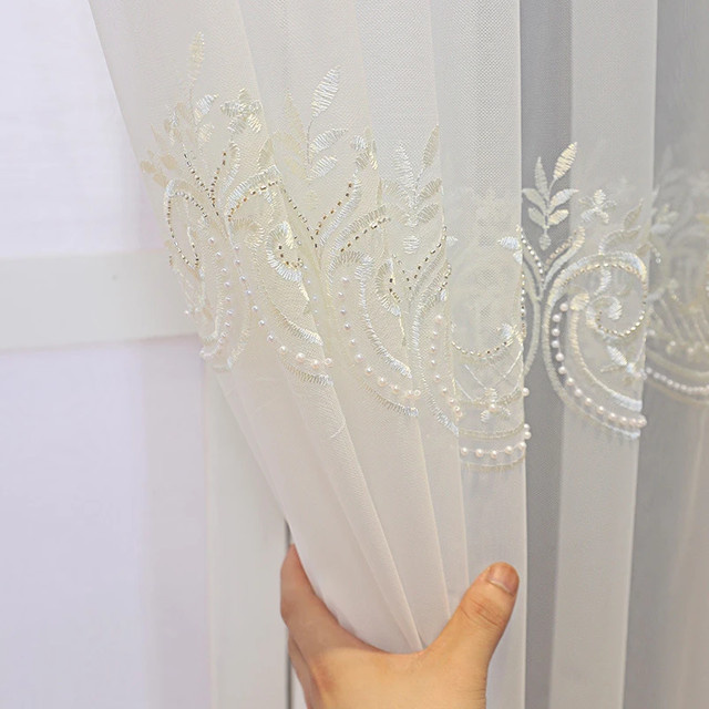 WPKIRA Transparentes Gaze Vorhang mit Perlenstickerei in Weiß für Wohnzimmer Schlafzimmer und Balkon, Breite: 100 cm, Höhe: 180 cm - Bild 1