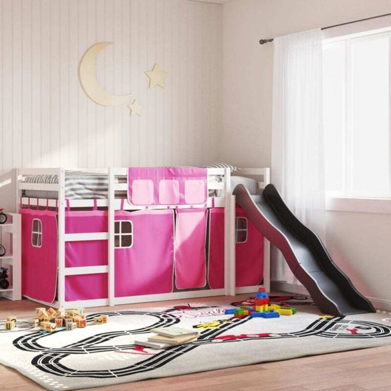 vidaxl Etagenbett mit Rutsche und Gardinen in Rosa, B/T/H: 90 x 190 cm, aus Massivholz - Bild 1
