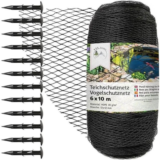 TTL GARDEN Teichschutznetz Anthrazit, Maße: 6 x 10 m, Maschenweite: 12 x 12 mm, 30 g/m² aus HDPE - Bild 1