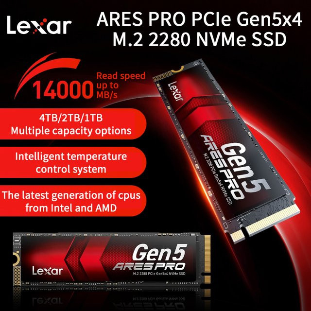Lexar ARES PRO M.2 2280 PCIe 5.0 NVMe SSD Interne Festplatte mit Kühlkörper in Schwarz - Bild 1