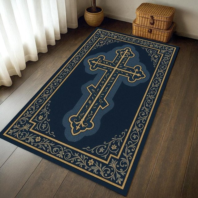Orthodoxer Kreuzteppich LjqTwelve als christlicher Gebetsteppich, Waschbare Bodenmatte in Marineblau, Gold und Grau, B/T: 40 x 60 cm - Bild 1