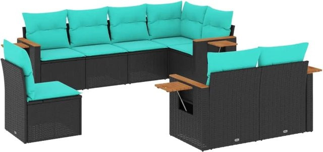 vidaXL 8-tlg. Garten-Sofagarnitur aus Polyrattan in Schwarz mit Kissen und L-Form für Garten und Terrasse - Bild 1