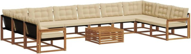 vidaXL Outdoor-Sofagarnitur aus Akazienholz in U-Form mit Textilene und Kissen, 11-teilig, Natur und Beige - Bild 1
