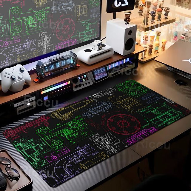Riccu Mousepad Ingenieur Mechanische Zeichnung Schwarz XXL - Bild 1