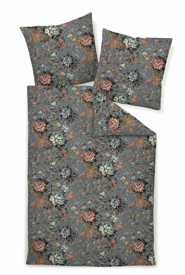 Janine Carmen Mako Jersey Bettwäsche mit Pfingstrosen-Blumenmuster in Grau, Rost und Blau, B/H: 155 x 220 cm mit Kissenbezug 80 x 80 cm - Bild 1