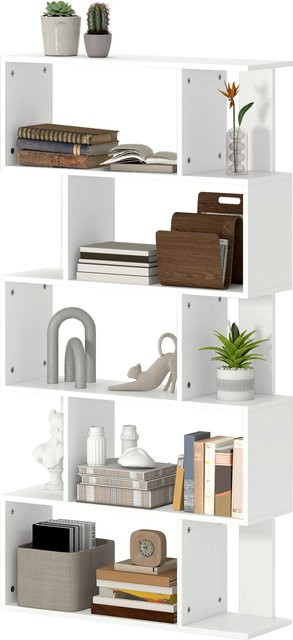 Aosom Asymmetrisches Regal in S-Form mit 5 Ebenen und 10 offenen Regalen, modernes Standregal aus MDF in Weiß, B: 80 cm, T: 24 cm, H: 159 cm - Bild 1