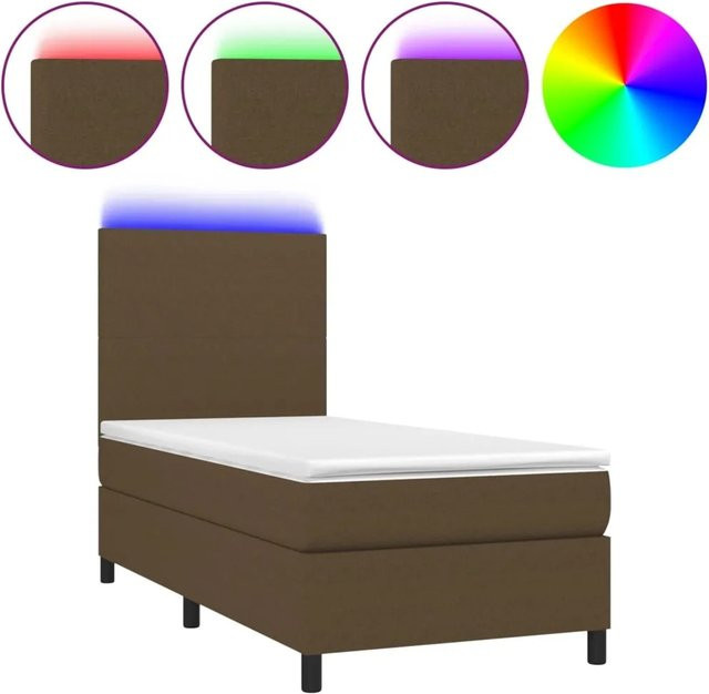 vidaXL Boxspringbett mit Matratze und LED-Unterbettbeleuchtung in Dunkelbraun, Hybrid-Konstruktion mit Taschenfederkern, B/T/H: 90 x 190 x 128 cm - Bild 1