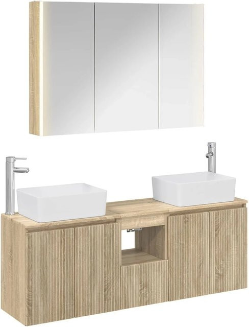 vidaXL Badezimmerschrank-Set 4-teilig in Sonoma-Eiche mit LED-Spiegelschrank und Waschtischunterschrank, Braun - Bild 1