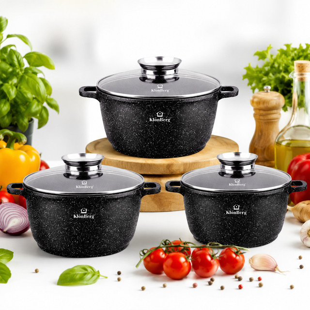 Klonberg 6-teiliges Kochset KB4059 aus Aluminium mit Marmorbeschichtung in Schwarz für Induktion inklusive Deckeln - Bild 1