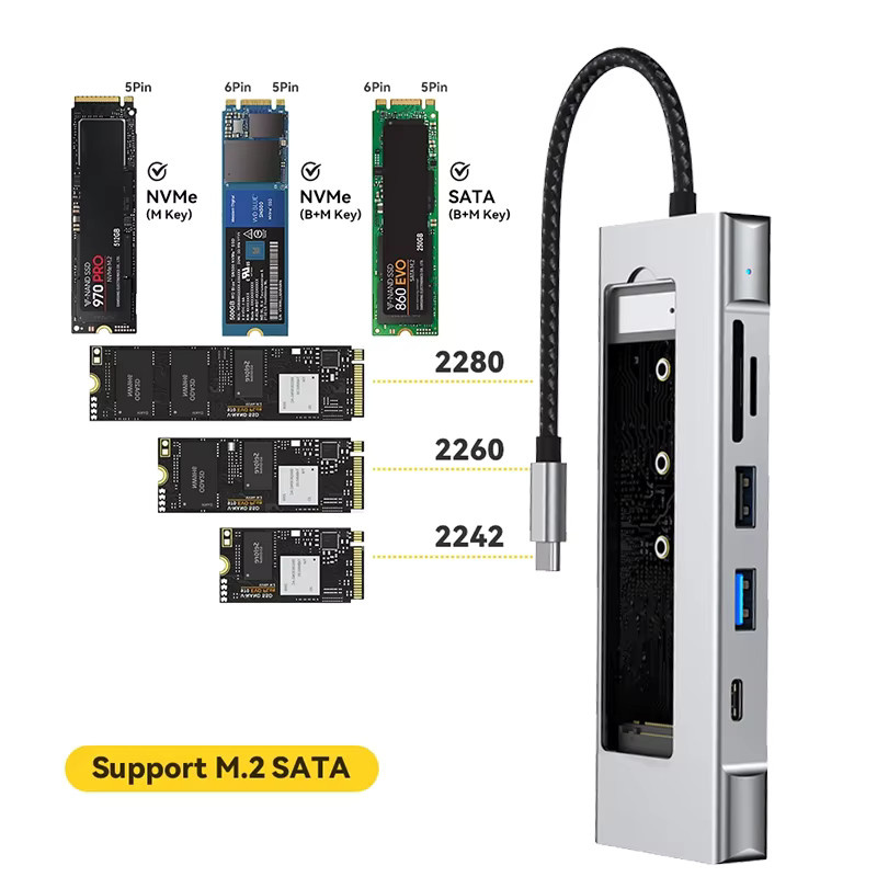 Kebidumei 8-in-1 USB 3.2 Hub mit M.2 SATA NVME SSD Speicherfunktion, USB-C zu HDMI Splitter und SD/TF-Leser in Silber für MacBook Pro - Bild 2