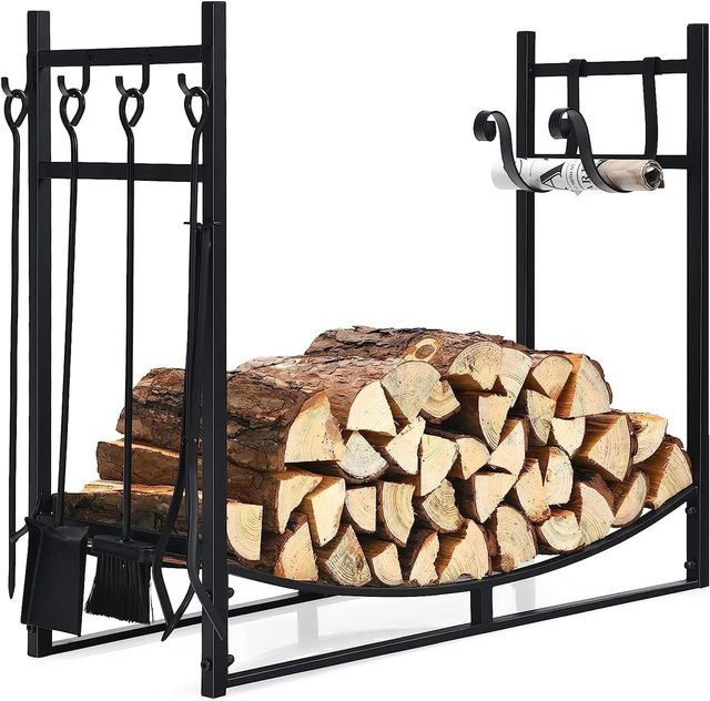 Costway Kaminholzregal aus Metall mit 4-teiligem Kaminbesteck Set in Schwarz, B/T/H: 90 x 33 x 76 cm - Bild 1