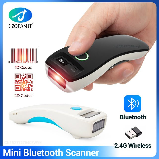 GZQIANJI Mobiler Mini-Bluetooth-Barcode-Scanner, 2,4 G kabelloses 2D-QR-1D-PDF417-Lesegerät mit LCD-Bildschirm, Schwarz - Bild 1