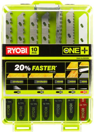 Ryobi Stichsägeblatt-Set RAK10JSBWM, 10-teilig, für Holz, Metall und Kunststoff, silber und grün - Bild 1