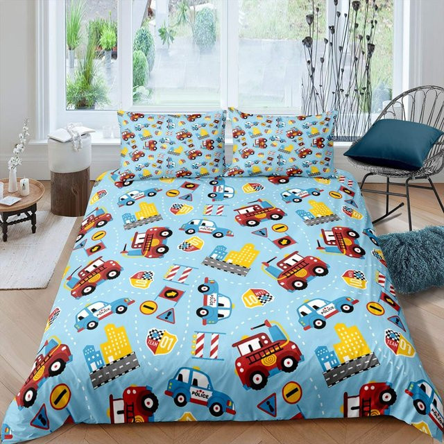 Bettwäsche-Set mit Feuerwehrauto-Muster für Kinder von Binchi Outdoor Product, Blau, B/H: 135 x 200 cm - Bild 1
