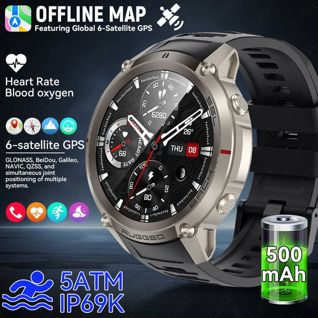 LIGE Taktische Outdoor GPS Smartwatch mit Offline-Karte, Kompass und Herzfrequenzmesser, 5ATM Wasserdicht, Bluetooth Telefonie, Farbe: Schwarz - Bild 1