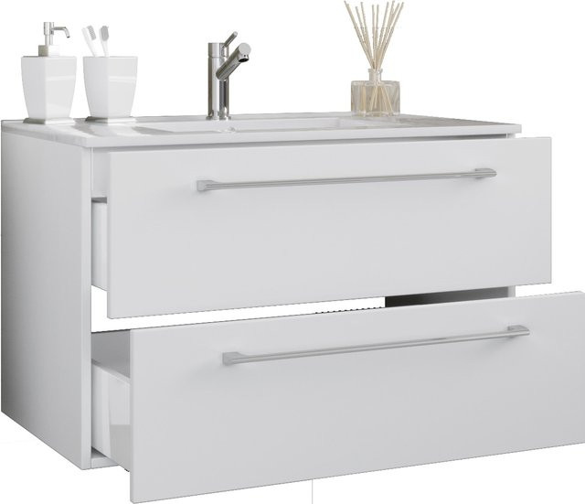 VCM Badmöbel Set Badinos 2-tlg. hängender Waschtisch mit Keramik-Waschbecken und Unterschrank in Weiss, B/H/T: 80 x 52 x 46 cm - Bild 1