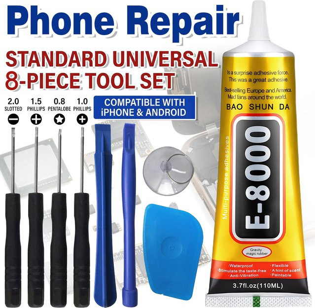 JXVX 8-in-1 Reparaturwerkzeugsatz für Mobiltelefone mit E-8000 Kleber, multifunktionales Demontage-Reparaturset für Android und iPhone, multicolour - Bild 1