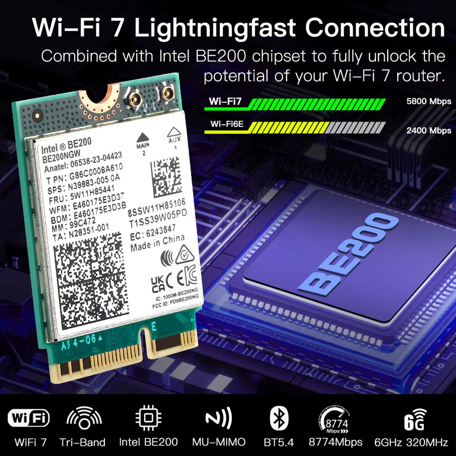 DERAPID BE200 WiFi 7 Netzwerkadapter mit Bluetooth 5.4, Triple Band 2,4G/5G/6GHz M.2 Wireless Adapter inklusive Antenne - Bild 2