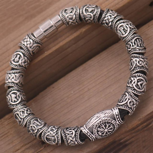 Wan Ying Armband, Wikingerstil Kompass Rune Bartperlen, Silber, 25cm, Männer - Bild 1