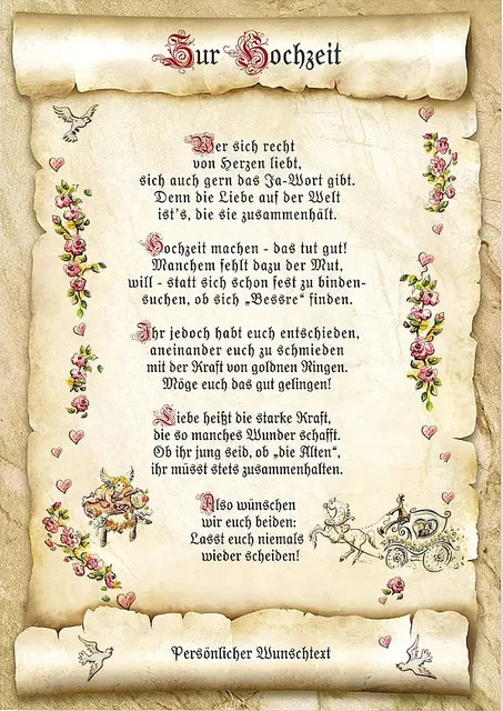 Personalisierte Hochzeitsurkunde mit Wunschtext in Vintage-Optik mit floralem Design und Typografie auf beige Papier - Bild 1