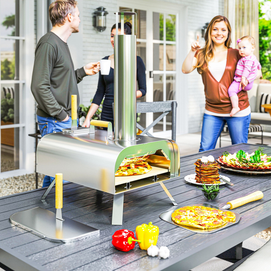 Outsunny Pizzaofen aus Edelstahl mit 1cm dickem Pizzastein und Klappbeinen für Camping und Garten, inklusive Pizzaschaufel und Deckel, H x B x T: 79 x 36 x 75 cm - Bild 2