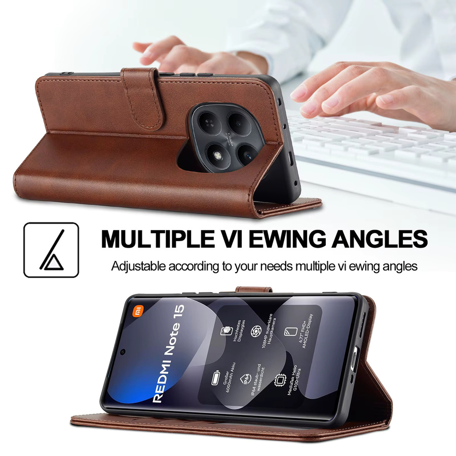 Luxuriöse PU-Leder Handyhülle im Flip-Design für Xiaomi Redmi Note 15, Redmi Note 14 Pro + Plus und Redmi 14C als Brieftasche mit Kartenetui, Stoßfest, Grau oder Braun - Bild 5