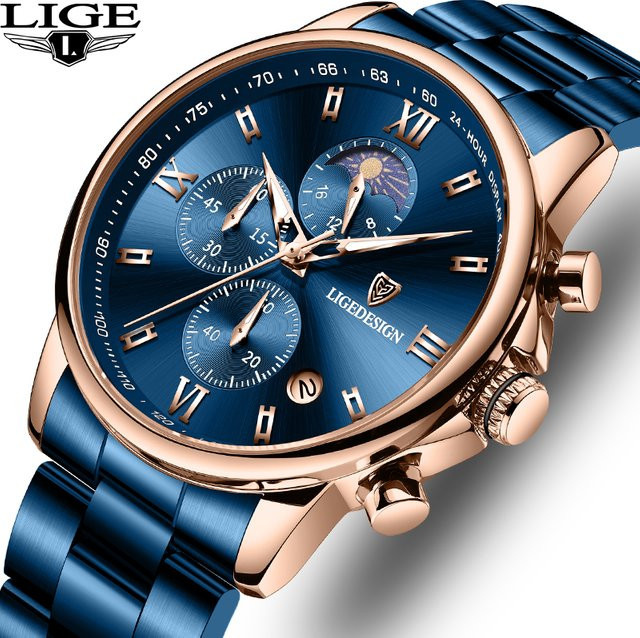LIGE Armbanduhr Edelstahl, Quarz, Blau, Silber, Herren - Bild 1