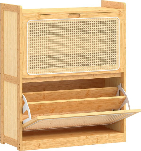 Aosom HOMCOM Schmaler Schuhschrank aus Bambus mit 2 kippbaren Rattan-Schubladen in Natur, Boho-Schuhmöbel mit verstellbaren Einlegeböden für 12-14 Paar Schuhe, Breite: 69 cm, Tiefe: 29 cm, Höhe: 83 cm - Bild 1