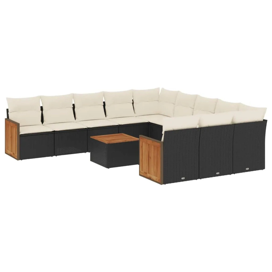 vidaXL 12-teilige Garten-Sofagarnitur in L-Form aus Polyrattan und Akazienholz mit Kissen in Schwarz-Creme - Bild 2