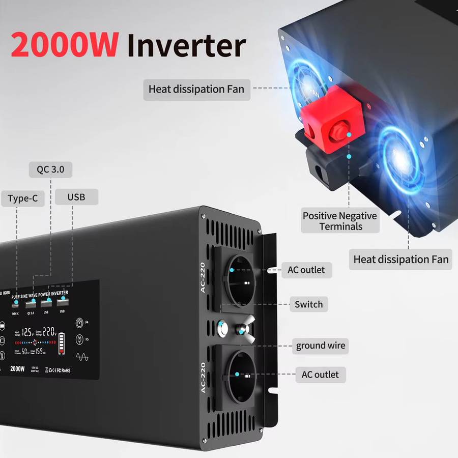 DATOUBOSS 2000W 12V Reiner Sinus-Wechselrichter auf 220V AC Konverter mit LCD-Anzeige, USB und Fernbedienung, Schwarz - Bild 3