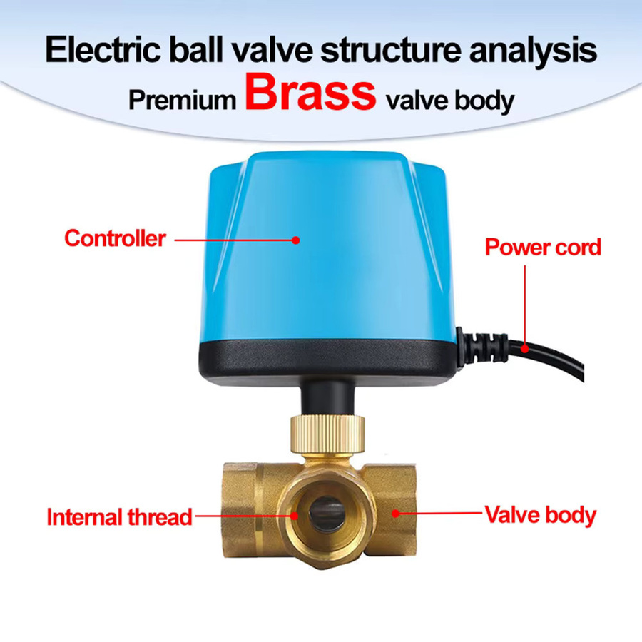 Elektrischer Kugelhahn für Solar-Klimaanlagen und Fan Coils, Drei-Draht Zwei-Control, AC220V DC12V-24V, Farbe: Brushed Brass/Blau - Bild 3