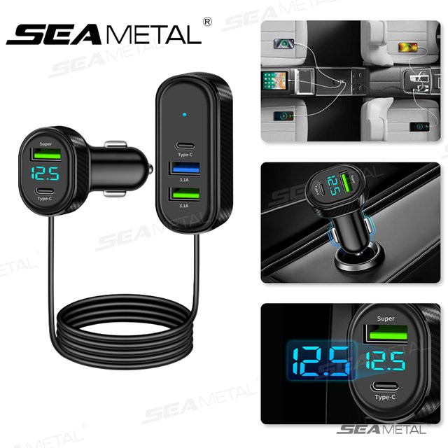 SEAMETAL 5-in-1 Auto-USB-Ladegerät mit 66 W Schnellladung, 5 Anschlüssen inklusive USB-C und USB-A, Schwarz, 150 cm Kabellänge - Bild 1